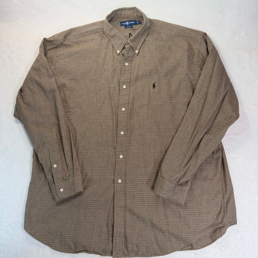 Ralph Lauren VTG Blake Shirt Mens XXL Brown Houndstooth Cotton Button Down L/S